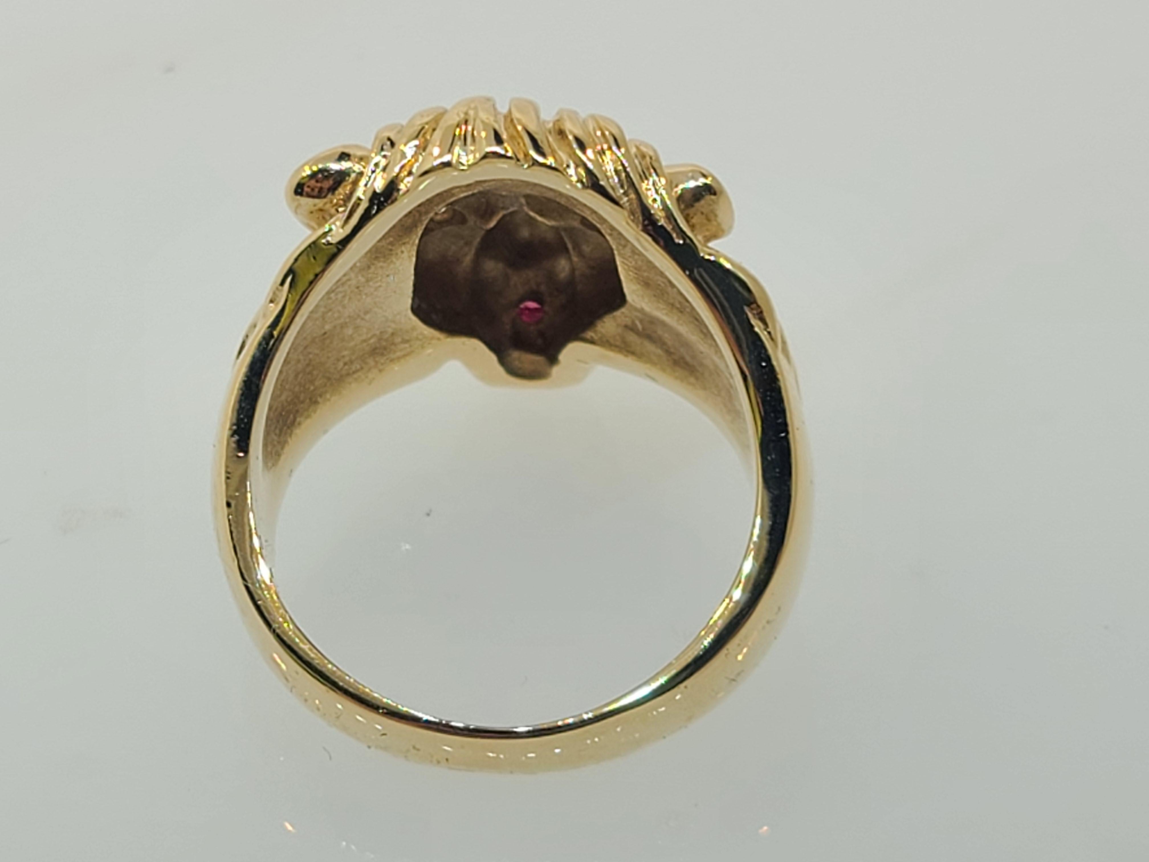 Contemporary Vintage 10k Lion's Head Ring with Diamond Eyes and Ruby Tongue
