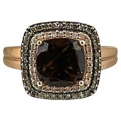 Vintage Solid Rose Gold Smoky Quartz and Diamond Halo Ring