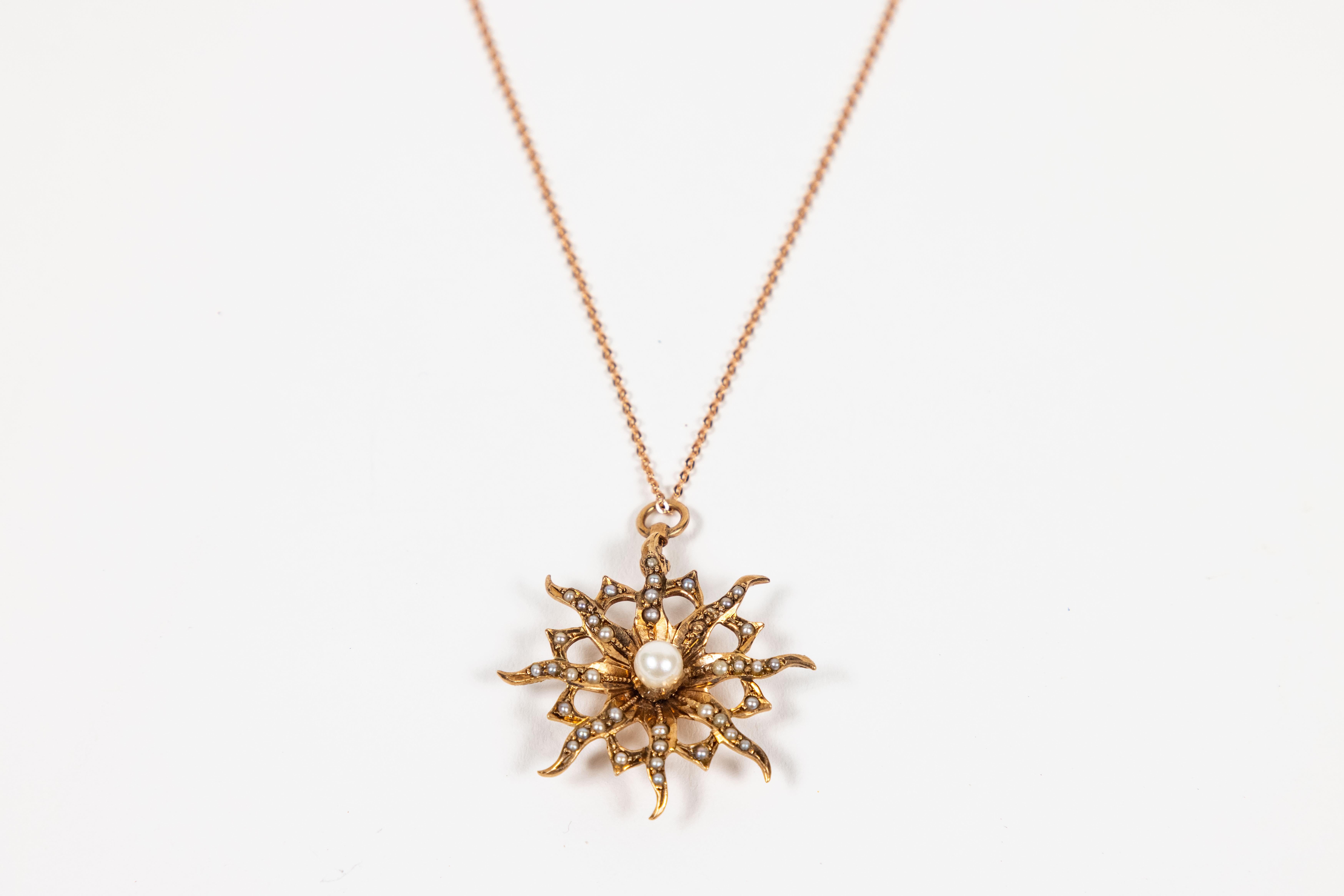 Victorian Vintage 10 Karat Rose Gold Starburst Pendant with Seed Pearls