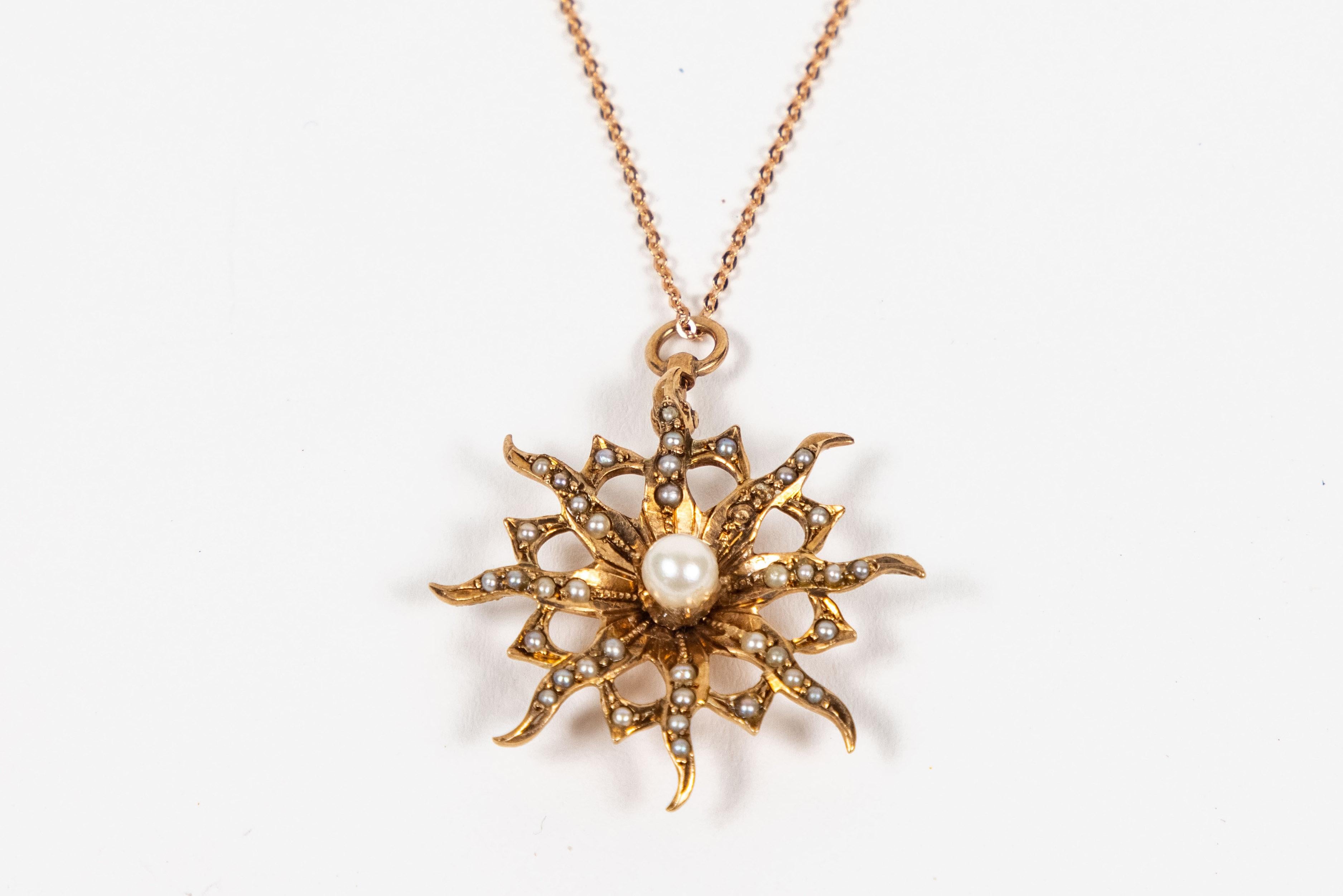 Vintage 10 Karat Rose Gold Starburst Pendant with Seed Pearls In Good Condition In Pasadena, CA