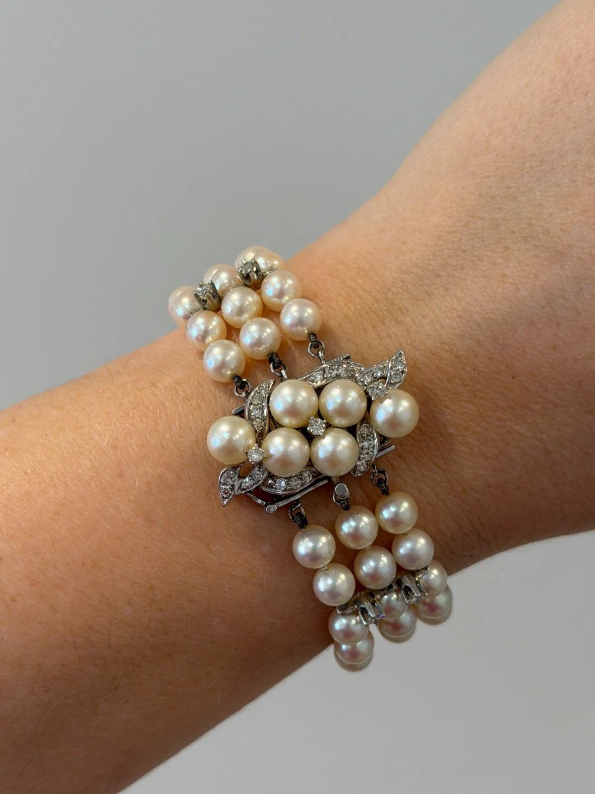Vintage Drei-Strang Akoya Perle & Diamant-Armband - 10K Filigran-Verschluss - 32,67 Gramm - 6,75