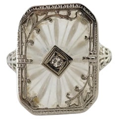 Vintage 10K White Gold Camphor Glass Diamond Ring Size 7 #18157