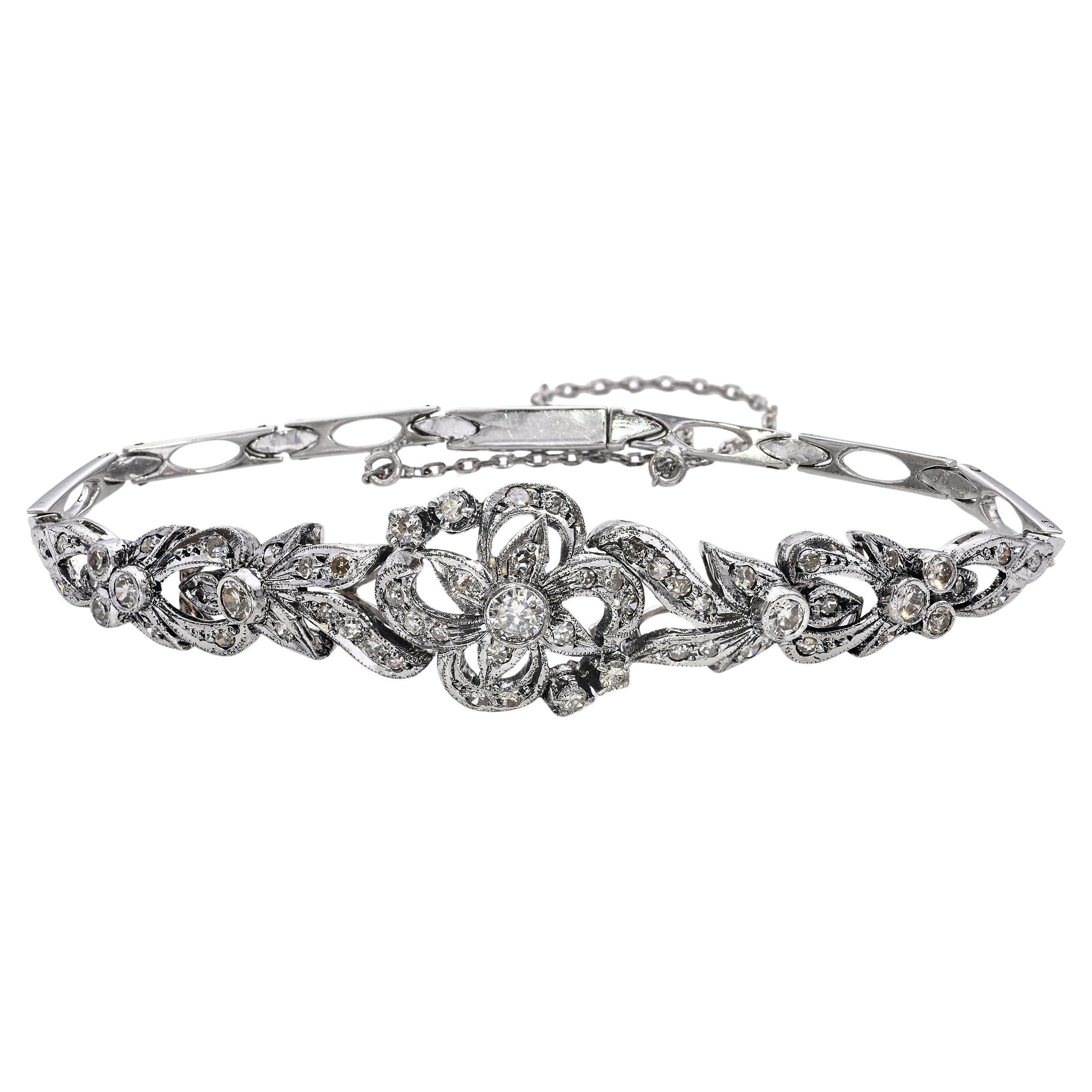 Vintage 10k White Gold Diamond Floral Motif Bracelet