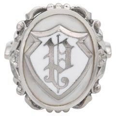 Vintage 10K White Gold Mother of Pearl "P" Monogram Enamel Ring