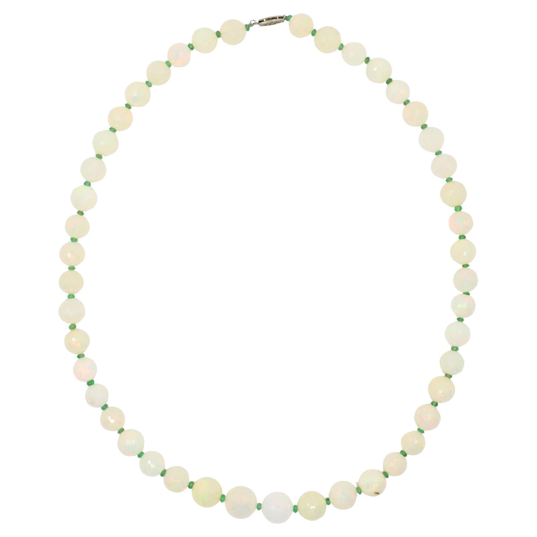 Vintage 10K White Gold Opal Bead Necklace For Sale