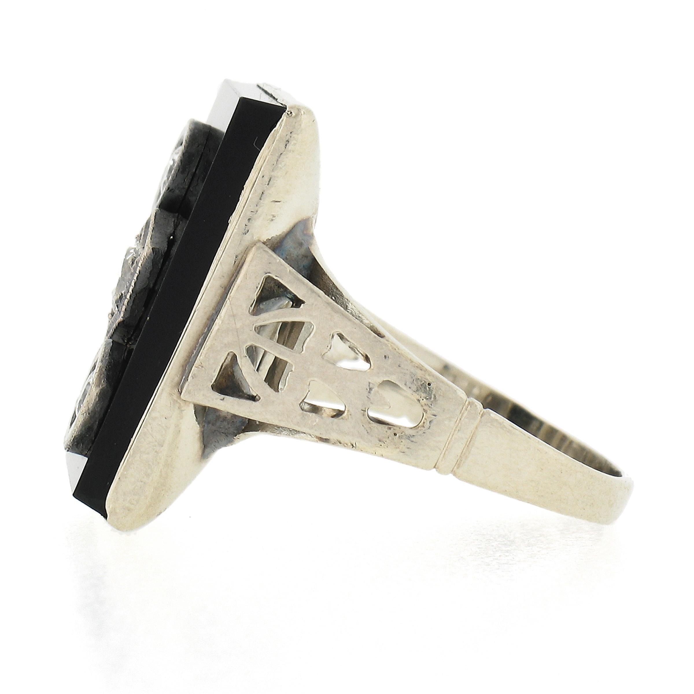 Vintage 10k White Gold Rectangular Black Onyx w/ Diamond Open Work Sides Ring In Good Condition For Sale In Montclair, NJ