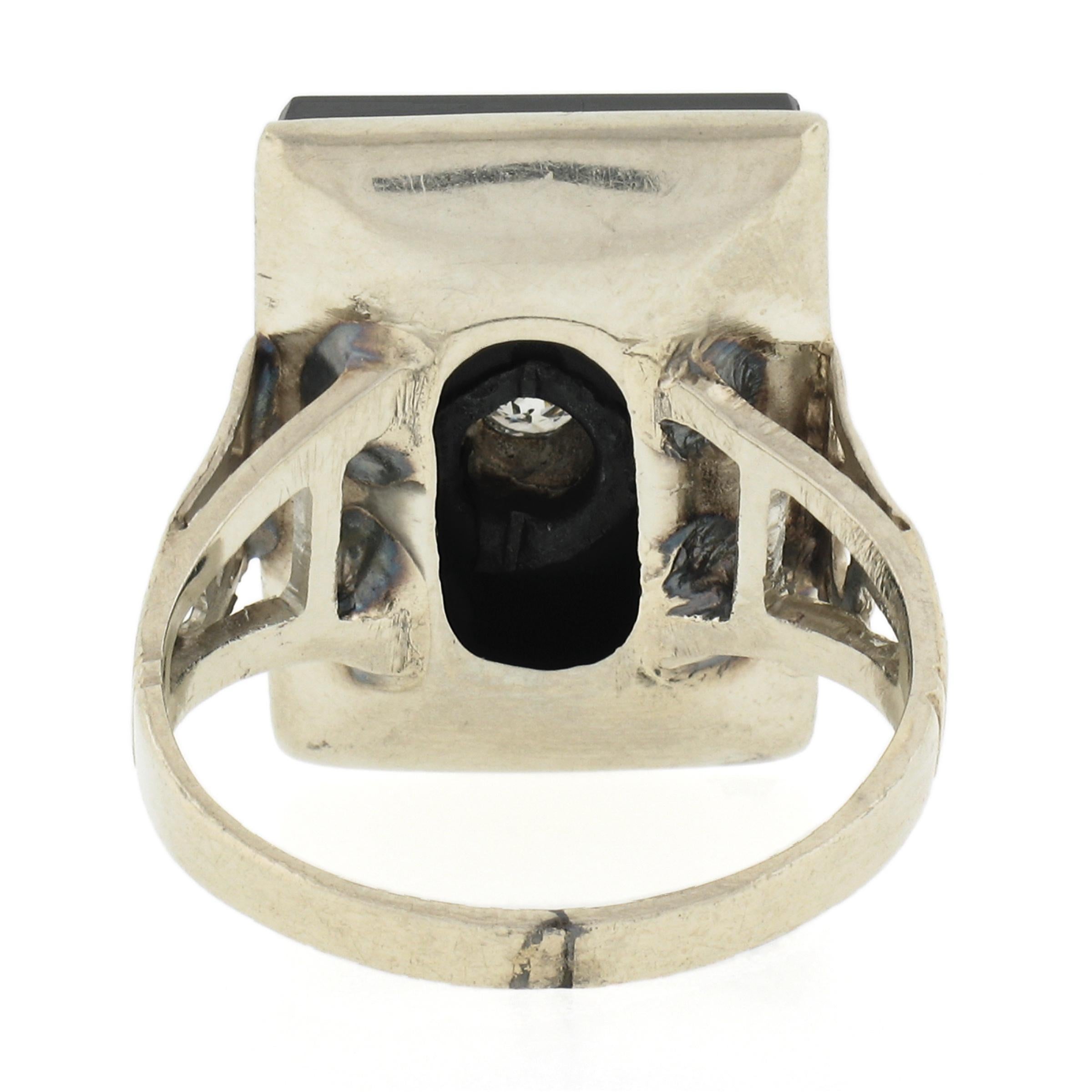 Women's Vintage 10k White Gold Rectangular Black Onyx w/ Diamond Open Work Sides Ring For Sale