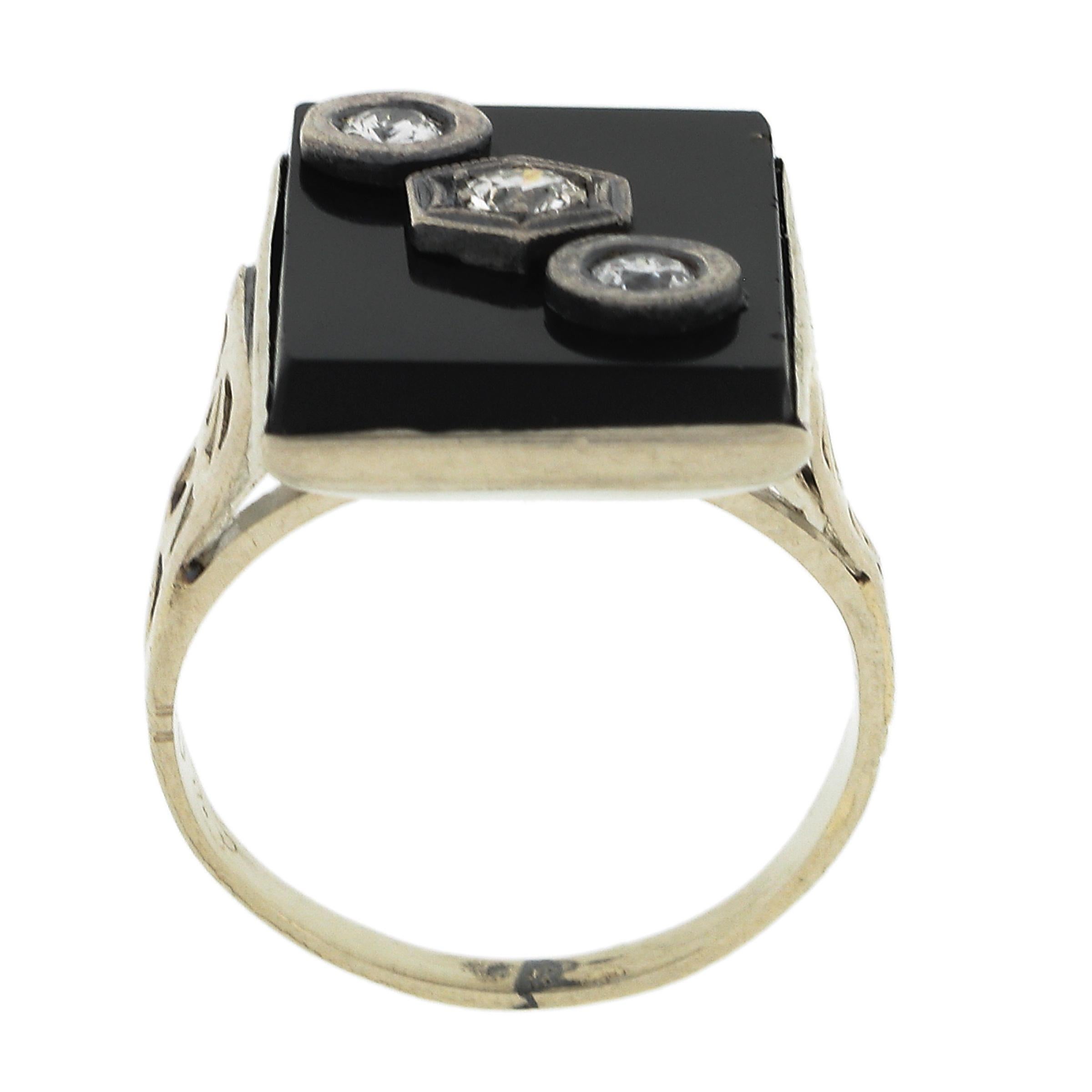 Vintage 10k White Gold Rectangular Black Onyx w/ Diamond Open Work Sides Ring For Sale 1