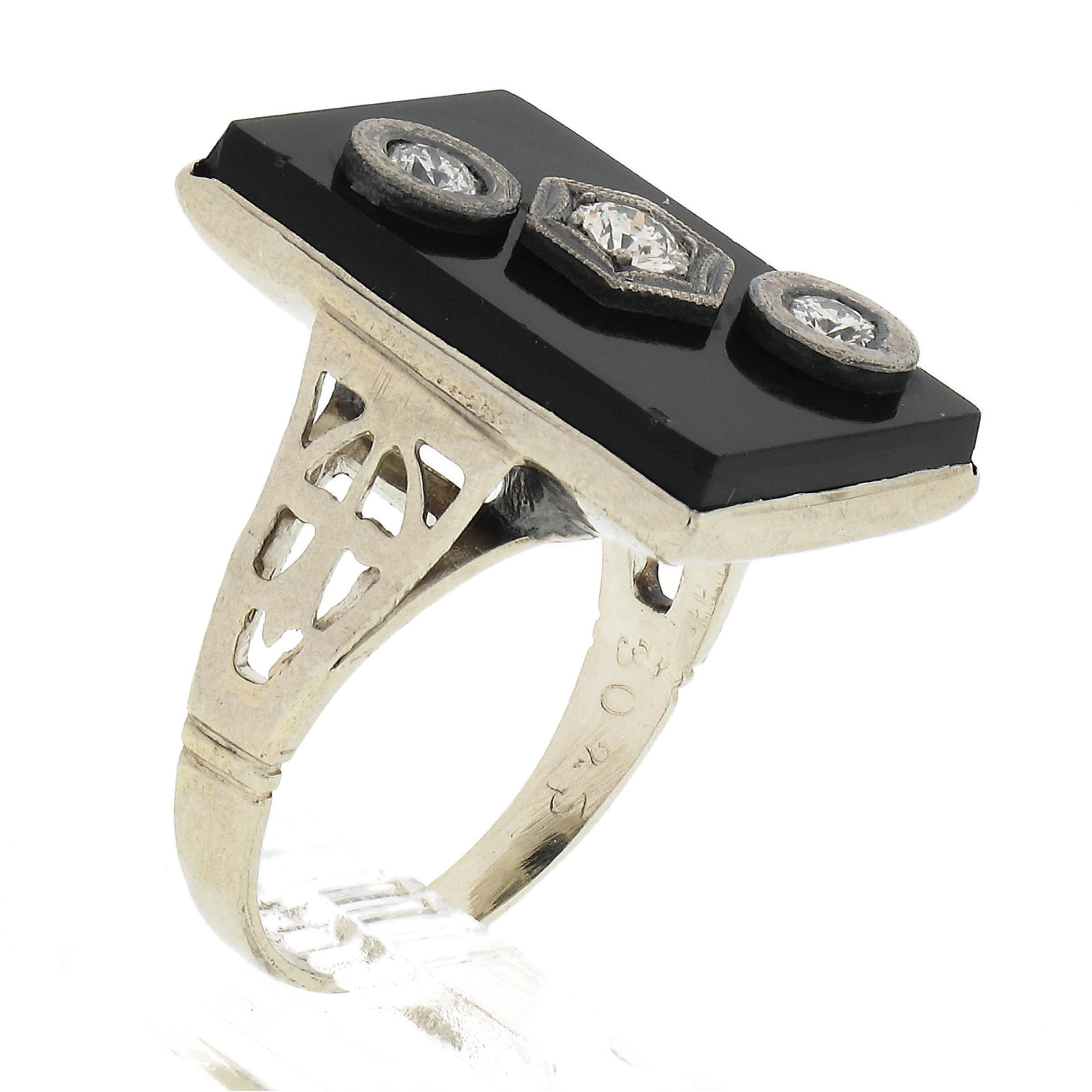 Vintage 10k White Gold Rectangular Black Onyx w/ Diamond Open Work Sides Ring For Sale 2