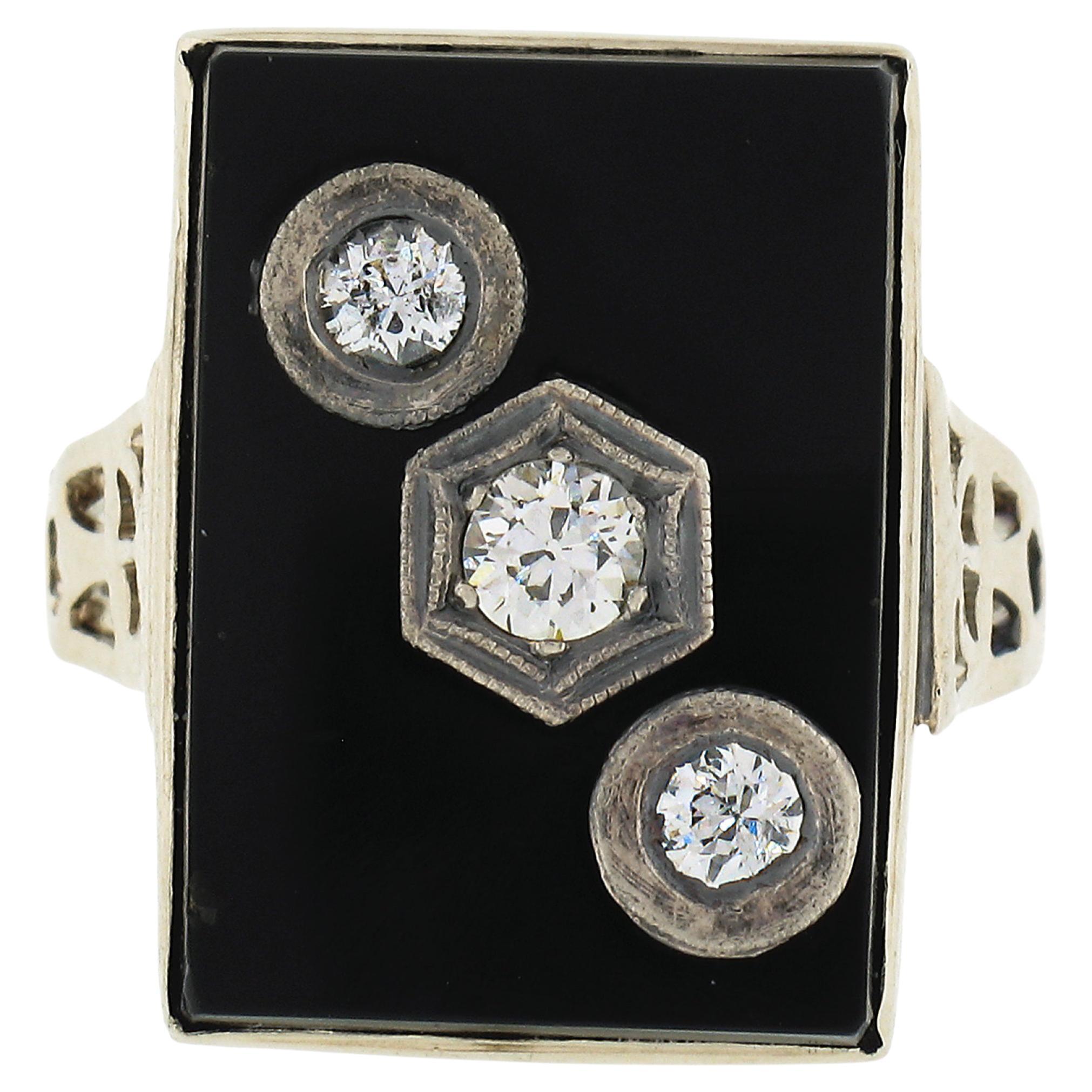Vintage 10k White Gold Rectangular Black Onyx w/ Diamond Open Work Sides Ring