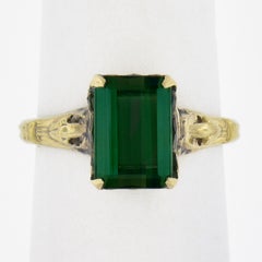 Vintage 10K Yellow Gold 2.64ct Emerald Cut Green Tourmaline Solitaire Band Ring