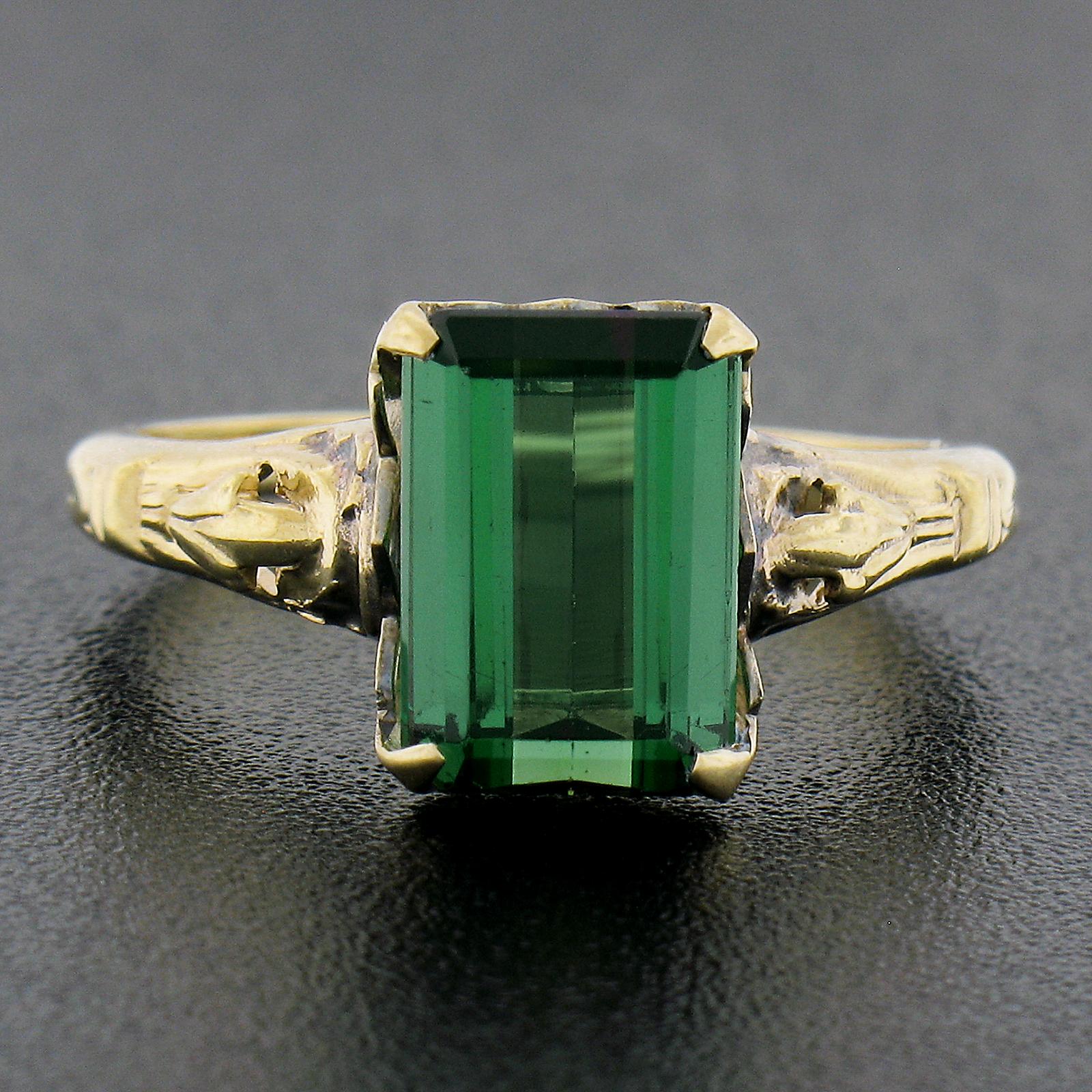 Vintage 10K Yellow Gold 2.64ct Emerald Cut Green Tourmaline Solitaire Band Ring In Good Condition For Sale In Montclair, NJ