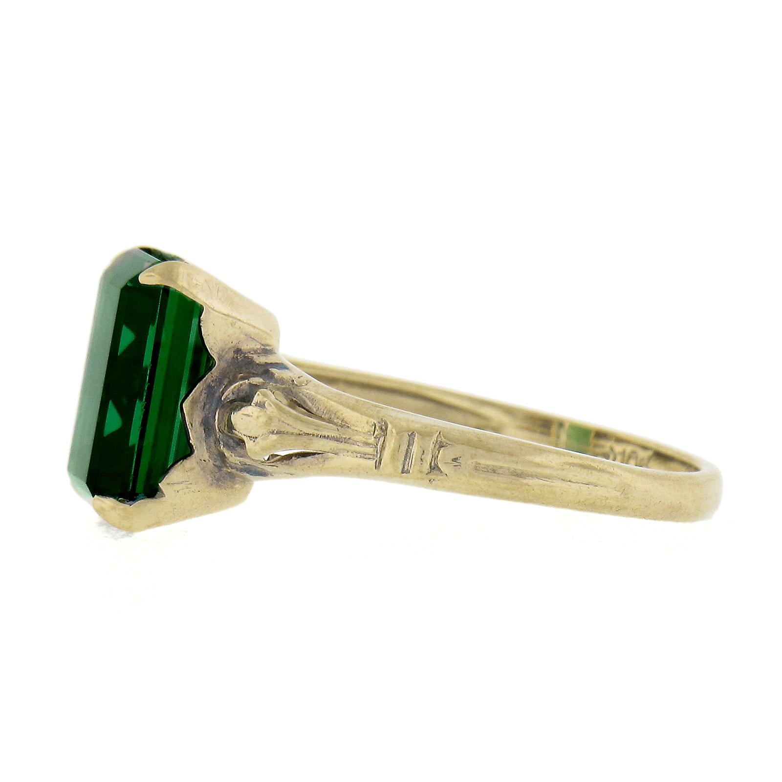 Vintage 10K Yellow Gold 2.64ct Emerald Cut Green Tourmaline Solitaire Band Ring For Sale 2