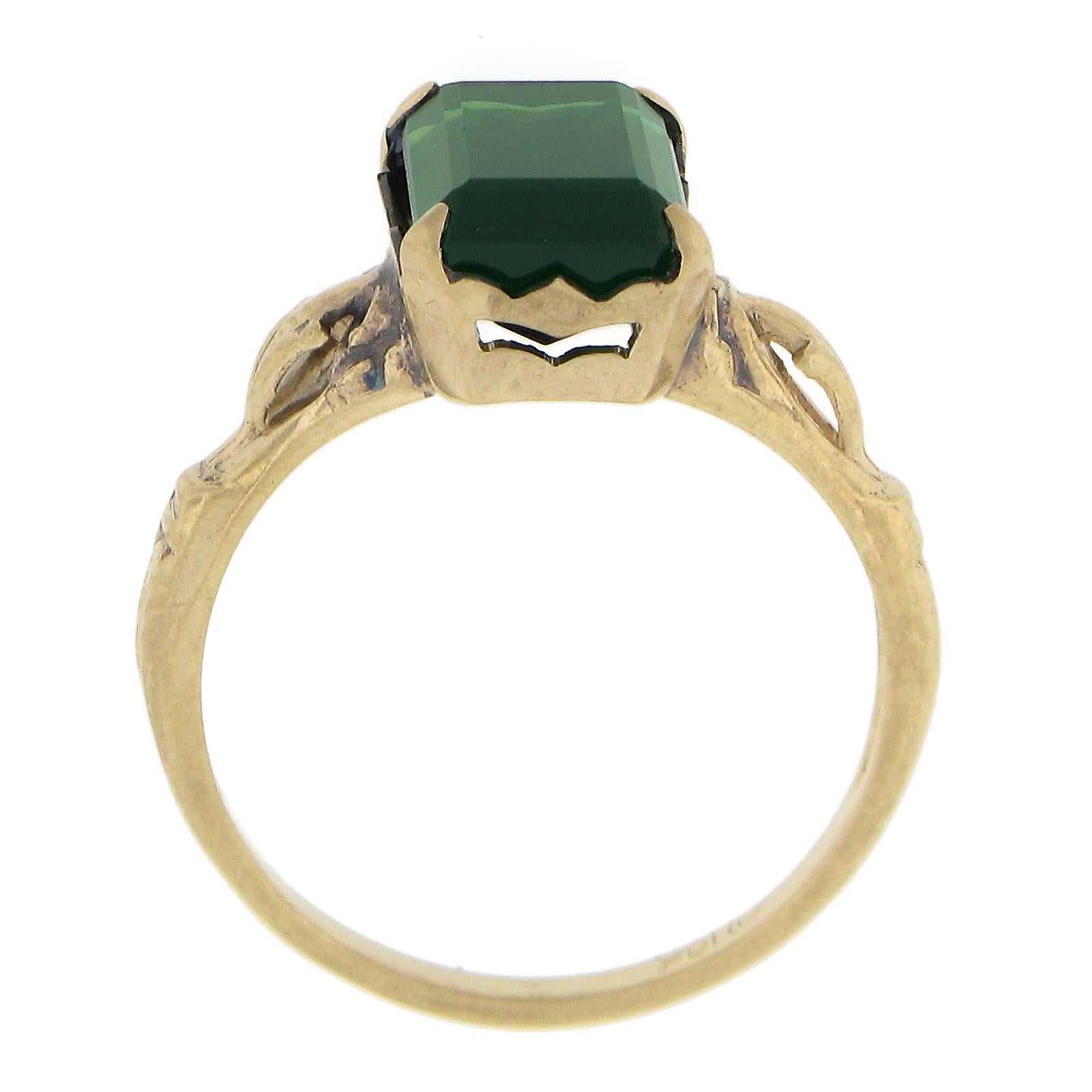 Vintage 10K Yellow Gold 2.64ct Emerald Cut Green Tourmaline Solitaire Band Ring For Sale 4