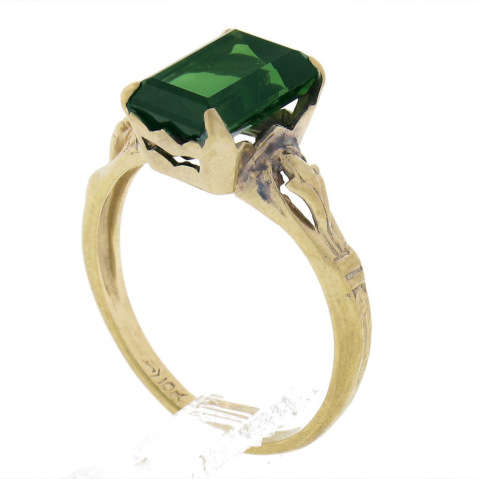 Vintage 10K Yellow Gold 2.64ct Emerald Cut Green Tourmaline Solitaire Band Ring For Sale 5