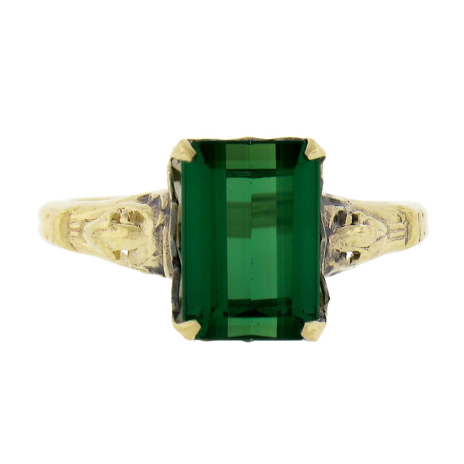 Bague solitaire vintage en or jaune 10 carats avec tourmaline verte taille émeraude de 2,64 carats