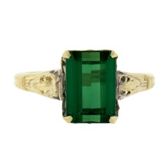 Bague solitaire vintage en or jaune 10 carats avec tourmaline verte taille émeraude de 2,64 carats