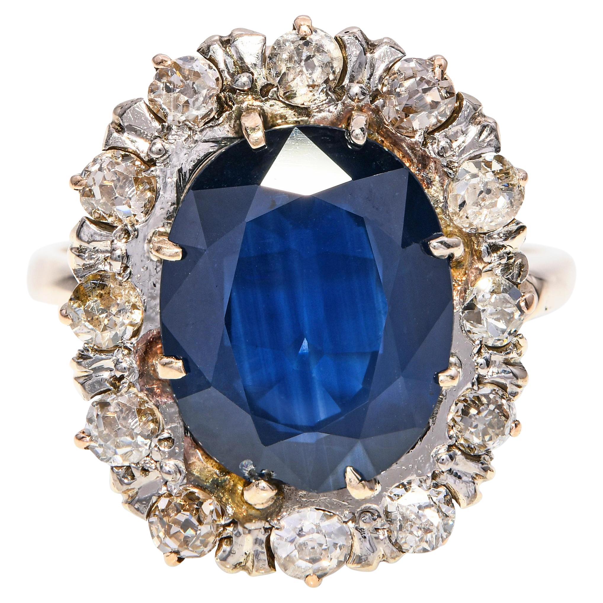 Vintage 10k Gelbgold 3,37ct Saphir und Diamant Halo Ring