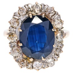 Bague Vintage en or jaune 10k avec halo de saphirs et de diamants de 3,37ct