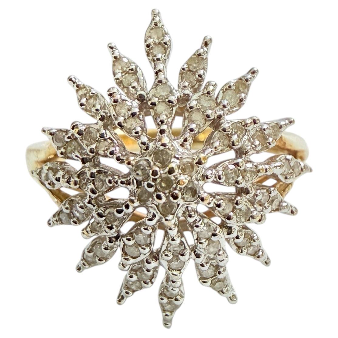 Vintage 10k Yellow Gold 71 Diamond Cluster Star Ring Size 7 For Sale