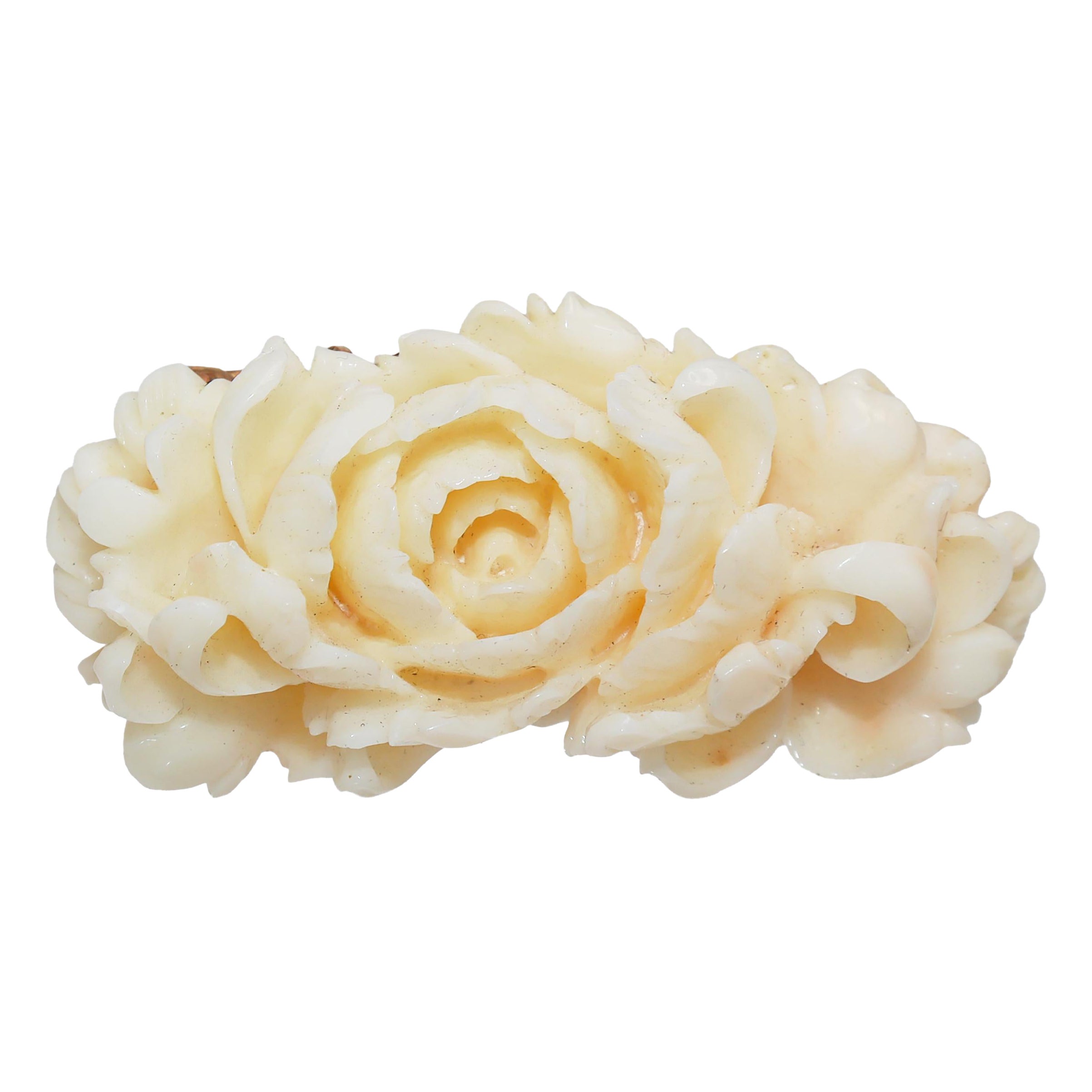 Vintage 10k Yellow Gold and Peachy White Carved Coral Floral Brooch