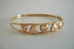Vintage 10K Yellow Gold Bangle Bracelet with Hearts - Signed - U.S. - C. 1980's