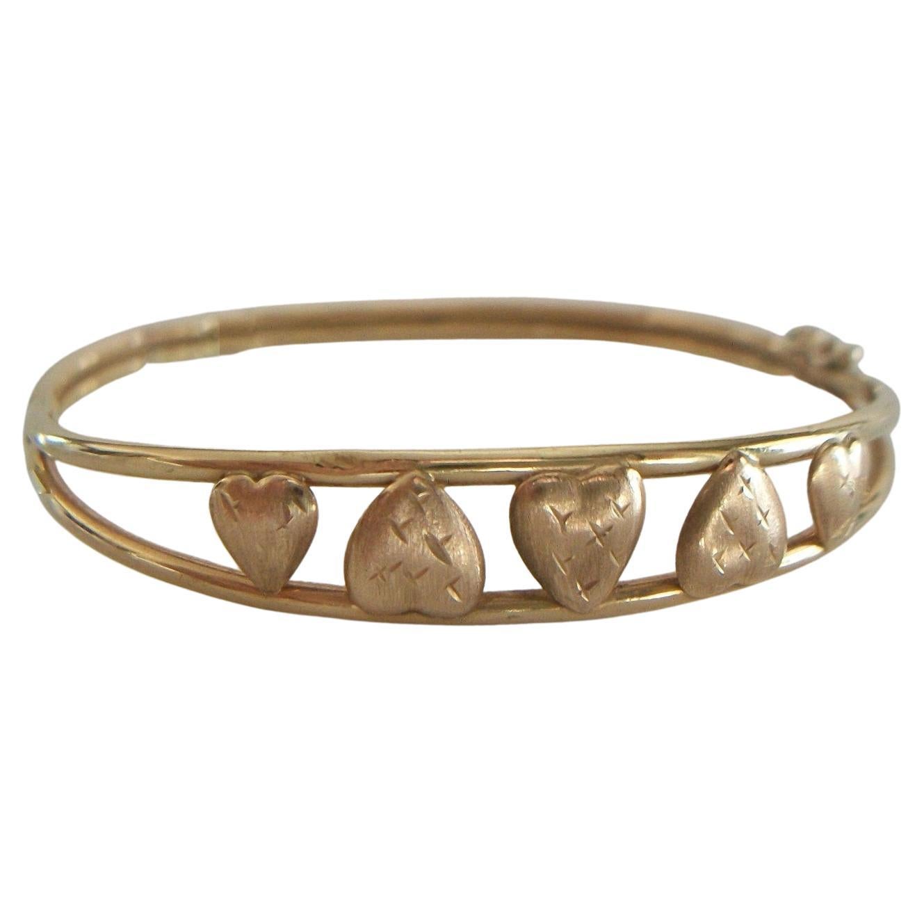 Vintage 10K Yellow Gold Bangle Bracelet with Hearts - Signed - U.S. - C. 1980's For Sale