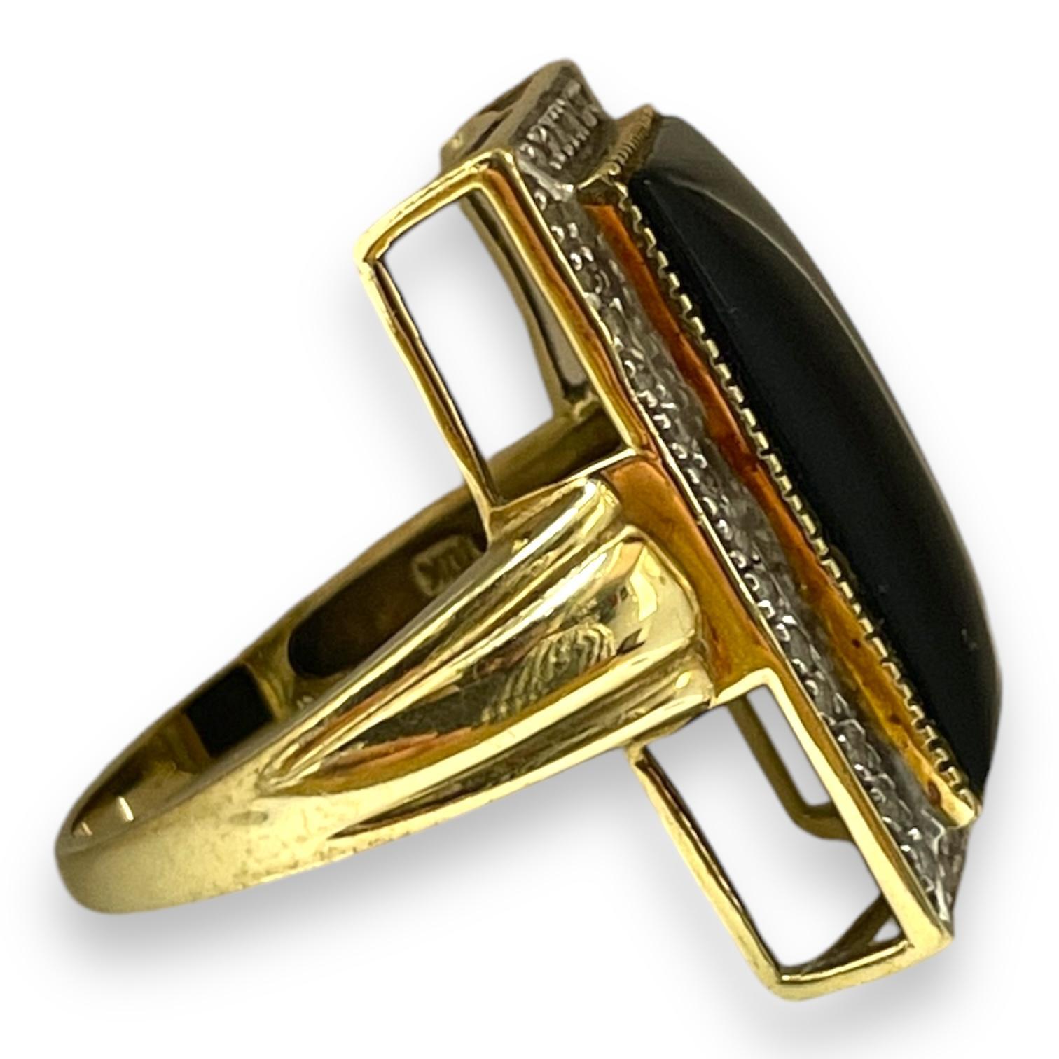 Emerald Cut Vintage Solid Yellow Gold Black Onyx and Diamond Ring Size 6.5 For Sale