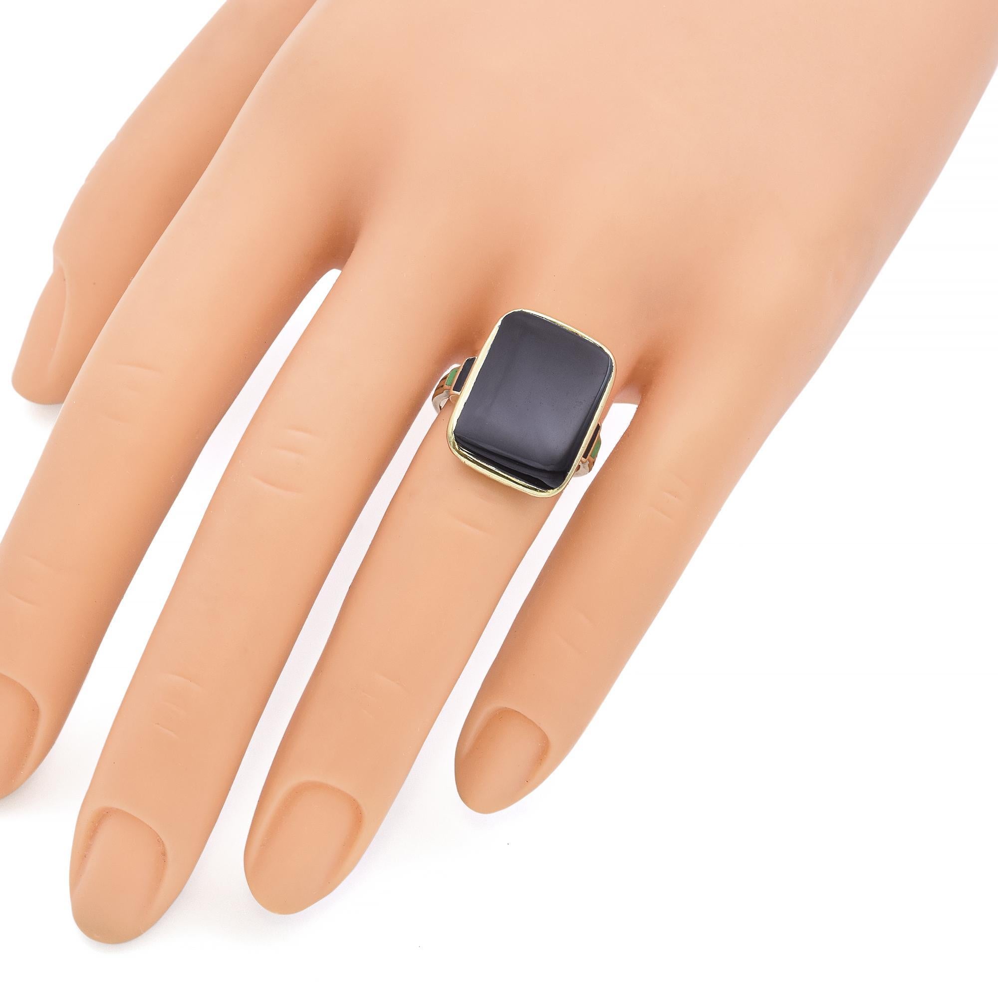 Cabochon Vintage 10k Yellow Gold Black Onyx and Enamel Statement Ring
