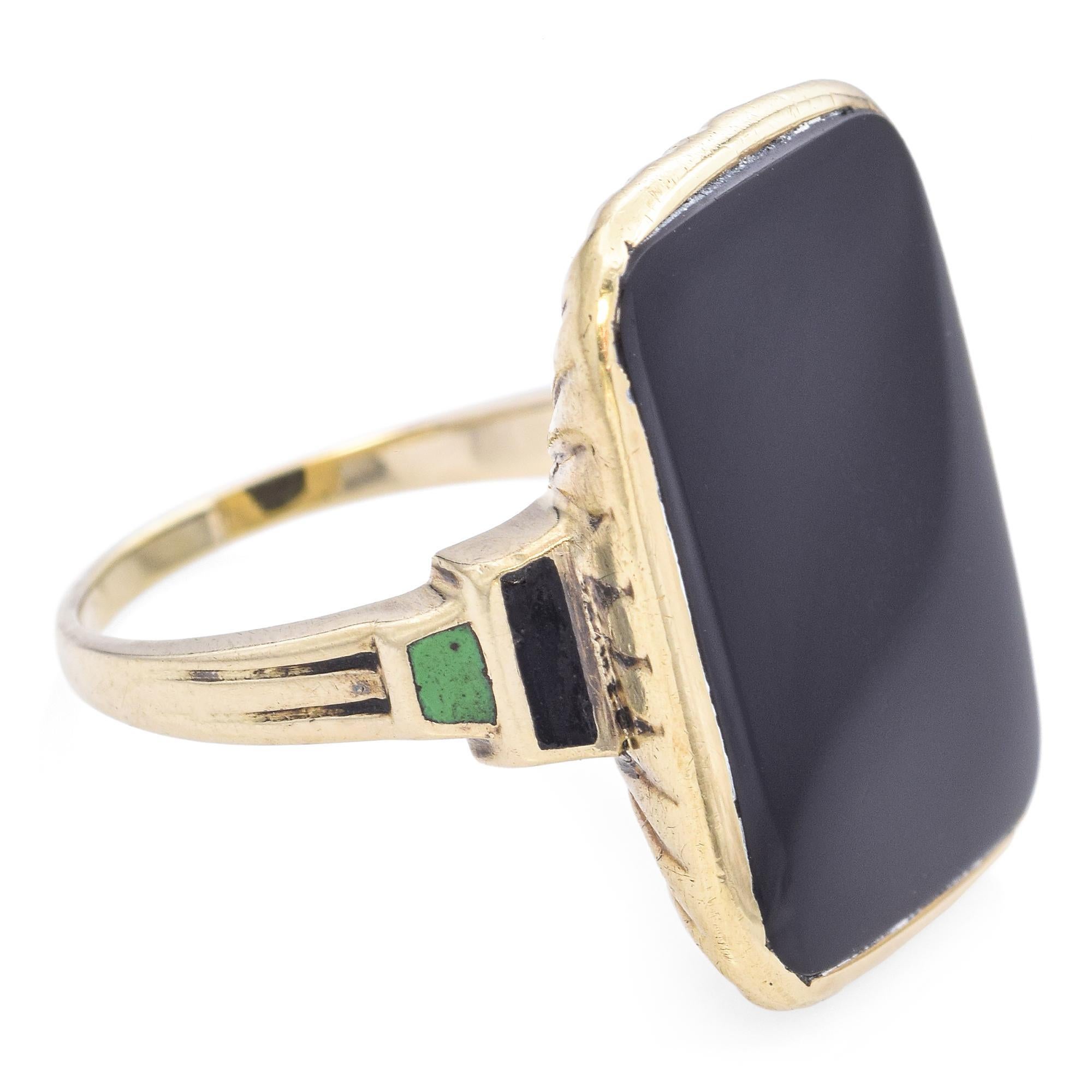 Vintage 10k Yellow Gold Black Onyx and Enamel Statement Ring 1