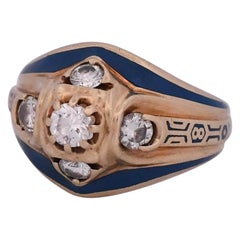 Vintage 10K Gelbgold Blau Emaille 1/2 Karat Diamantring mit rundem Brillantschliff