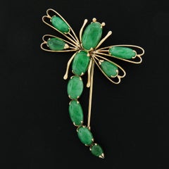 Vintage 10K Yellow Gold Cabochon Jade Open Work Dragonfly Large Pin Brooch
