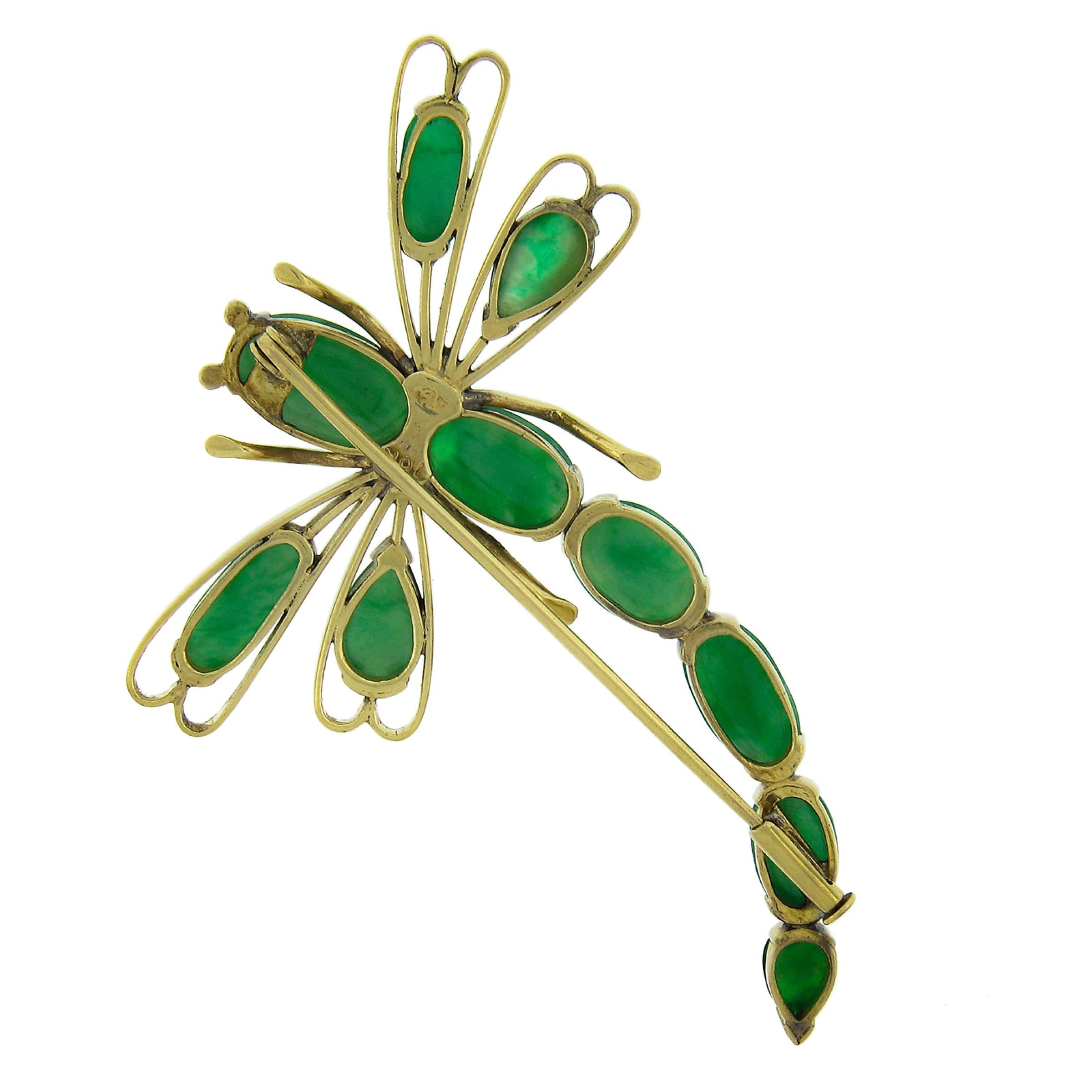 Oval Cut Vintage 10K Yellow Gold Cabochon Jade Open Work Dragonfly Large Pin Brooch For Sale