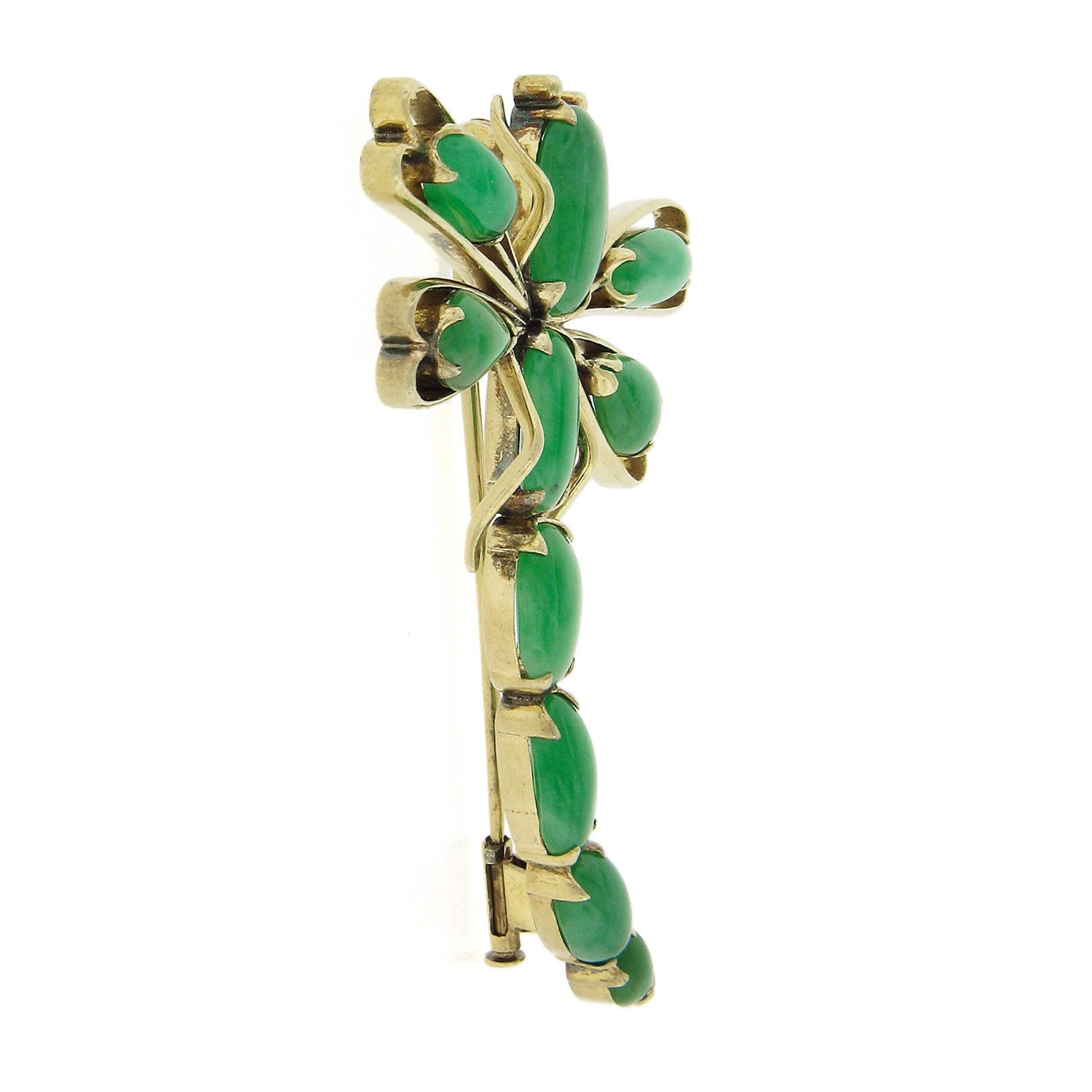 Vintage 10K Yellow Gold Cabochon Jade Open Work Dragonfly Large Pin Brooch For Sale 1