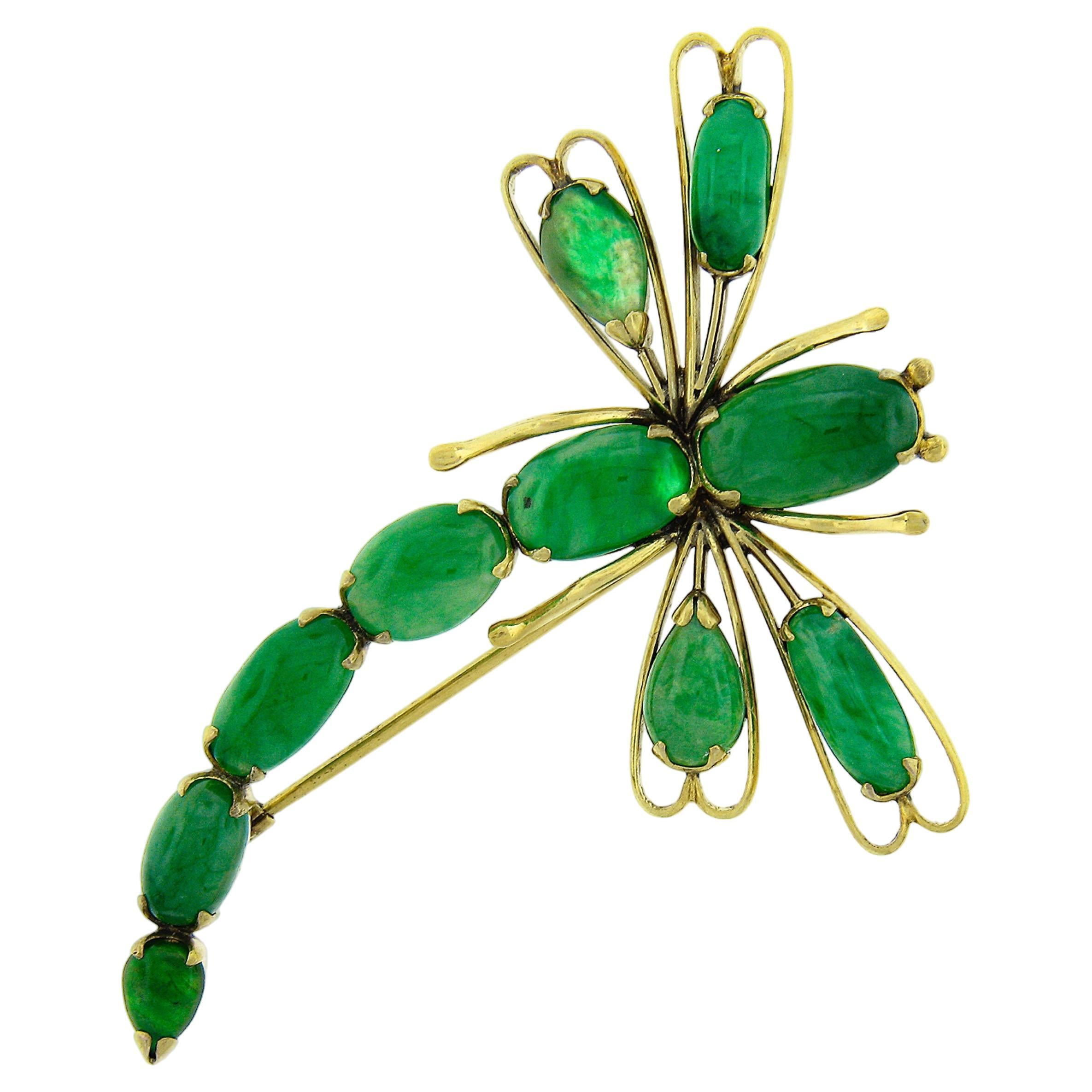 Vintage 10K Yellow Gold Cabochon Jade Open Work Dragonfly Large Pin Brooch For Sale
