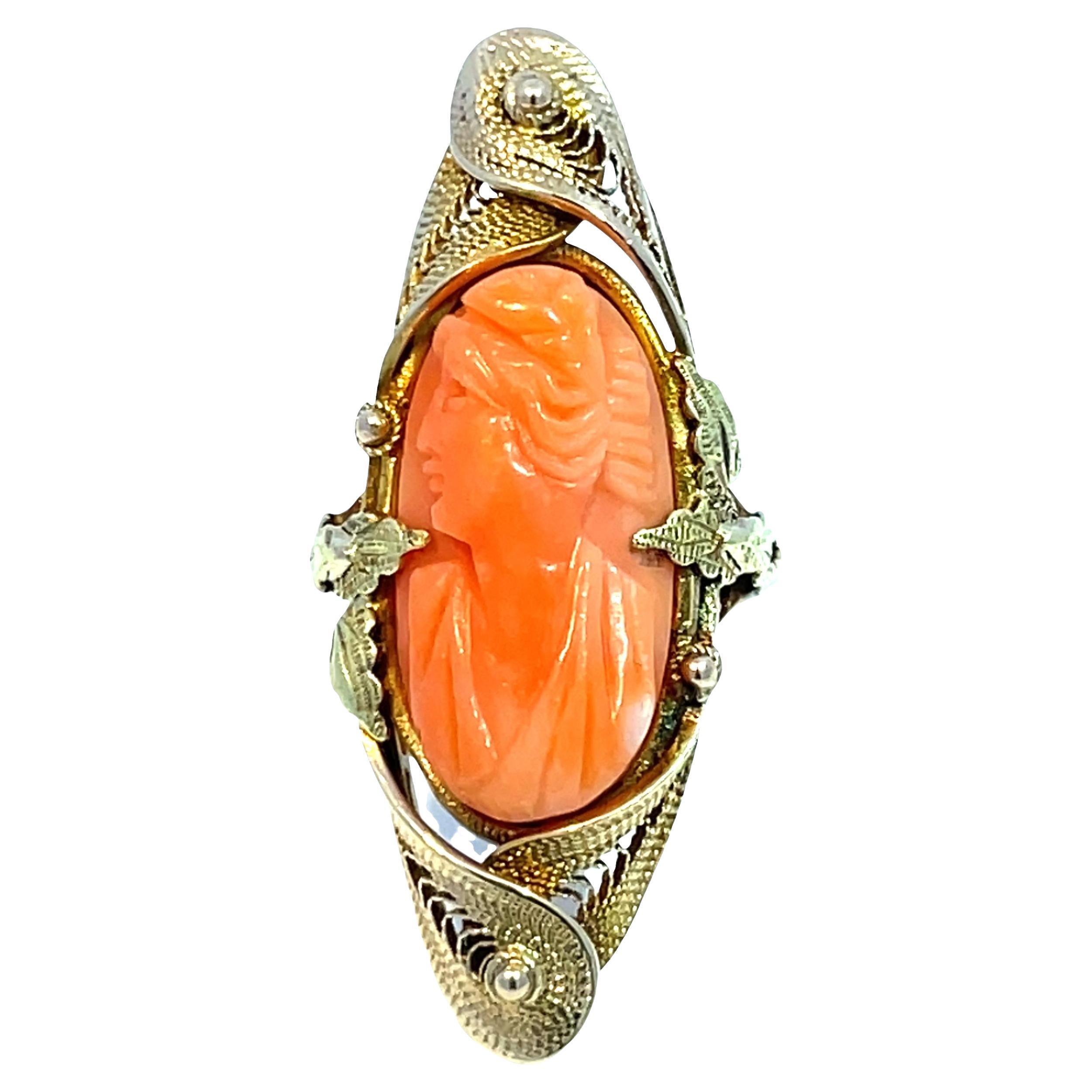 Vintage 10k Yellow Gold Coral Cameo Ring