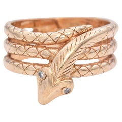 Vintage 10K Yellow Gold Diamond Eyes Coiled Snake Ring