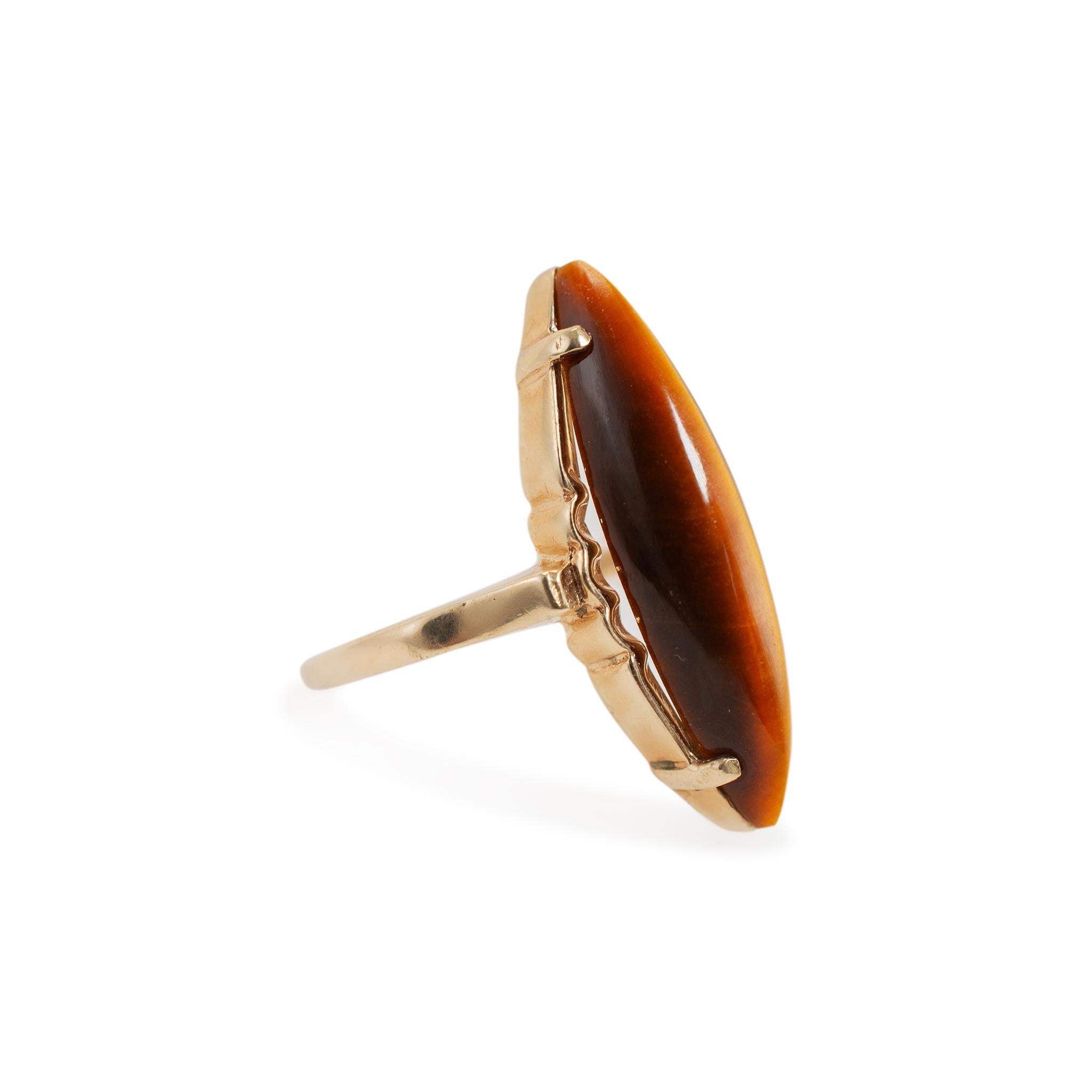 Vintage 10K Gelbgold Länglicher Marquise Geformter Tigerauge Cocktail Ring Damen im Angebot