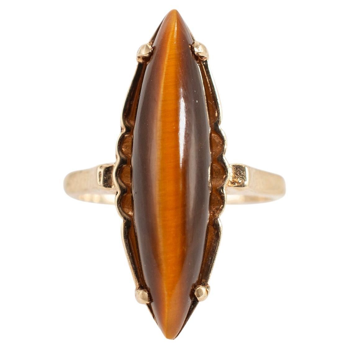 Vintage 10K Yellow Gold Elongated Marquise Shaped Tiger’s Eye Cocktail Ring