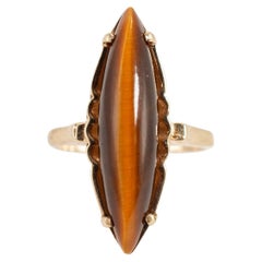 Vintage 10K Yellow Gold Elongated Marquise Shaped Tiger's Eye Cocktail Ring