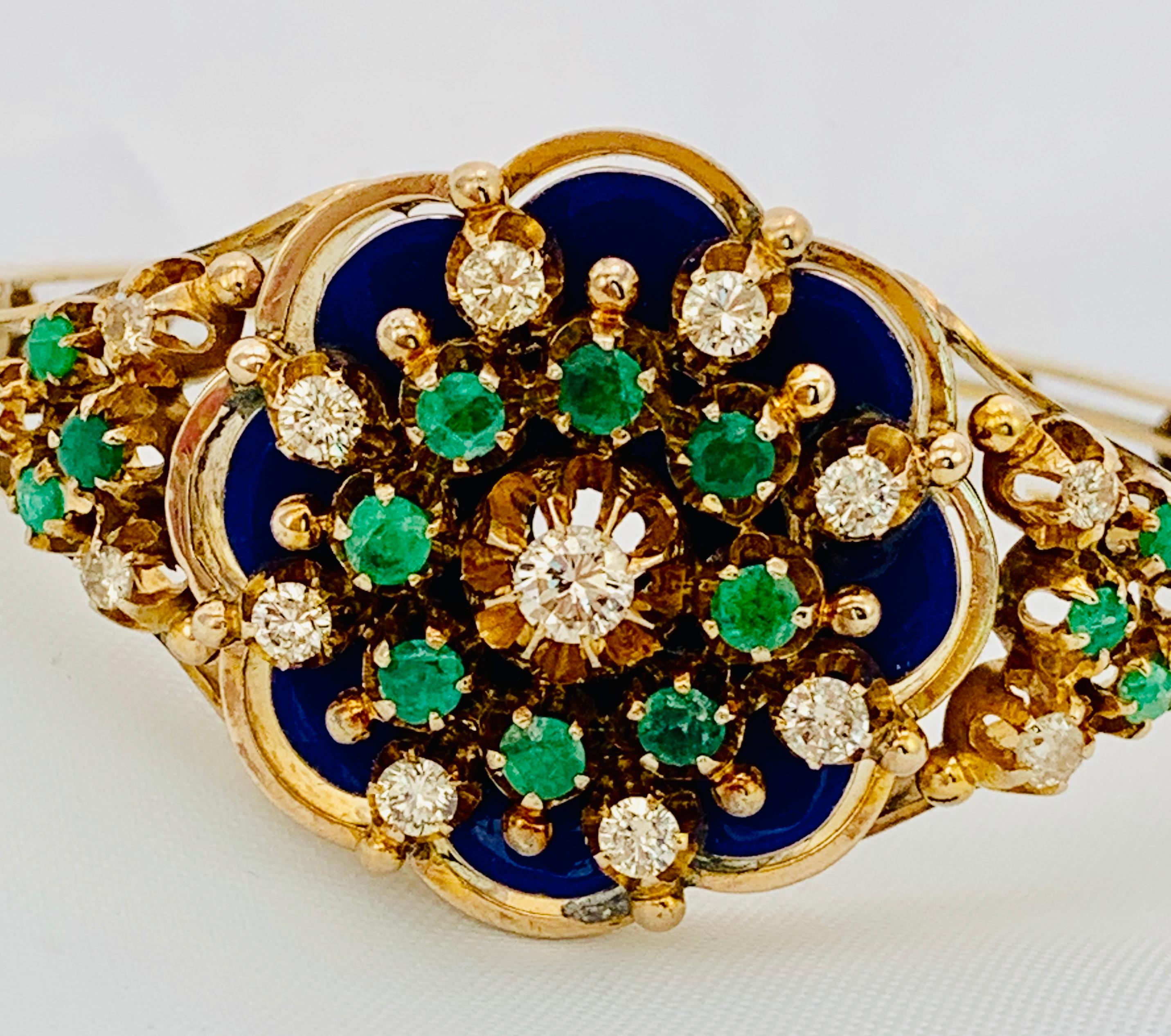 Vintage 10 Karat Yellow Gold, Enamel, Diamond and Emerald Bangle Bracelet 4