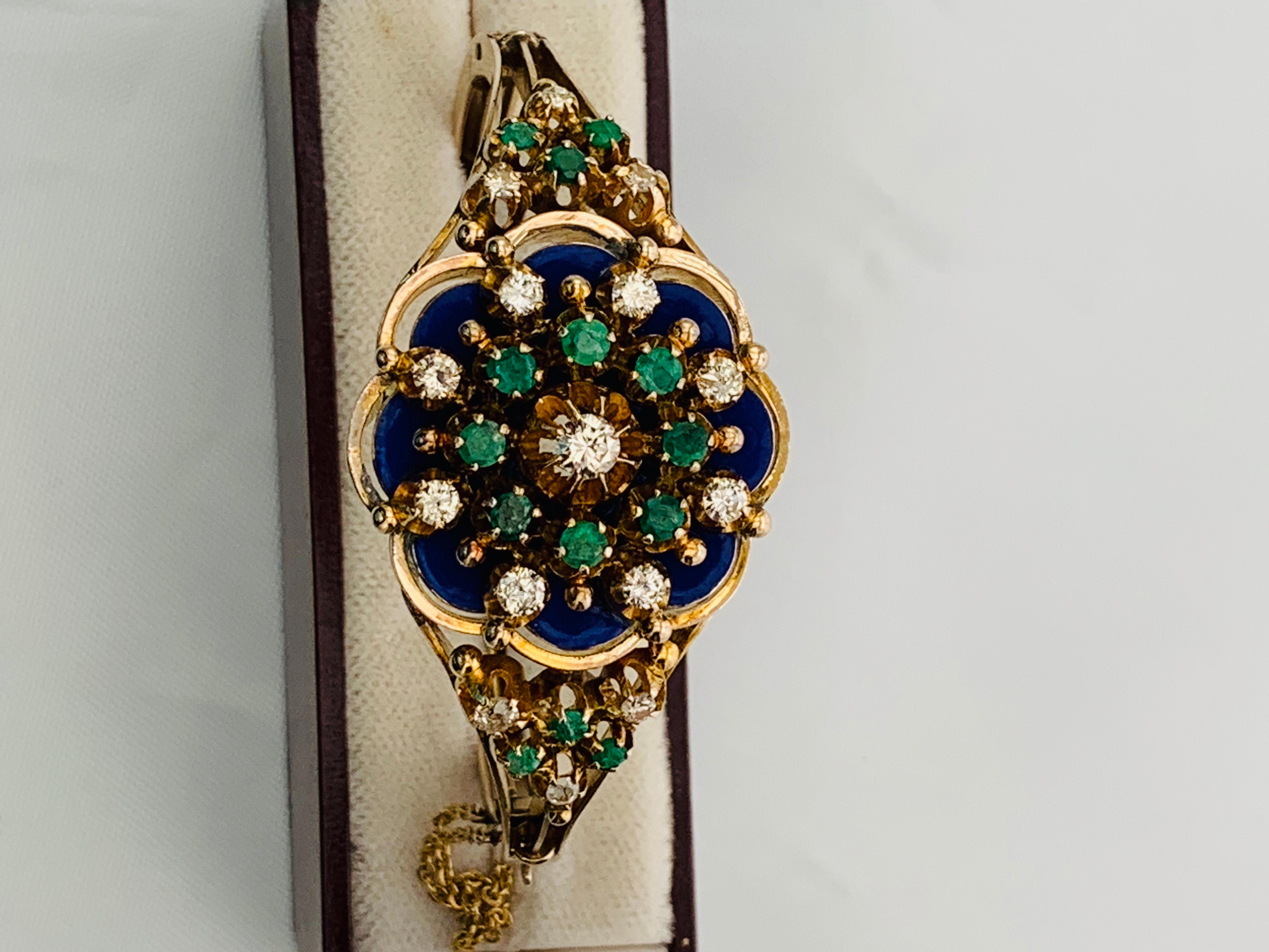 Vintage 10 Karat Yellow Gold, Enamel, Diamond and Emerald Bangle Bracelet 10