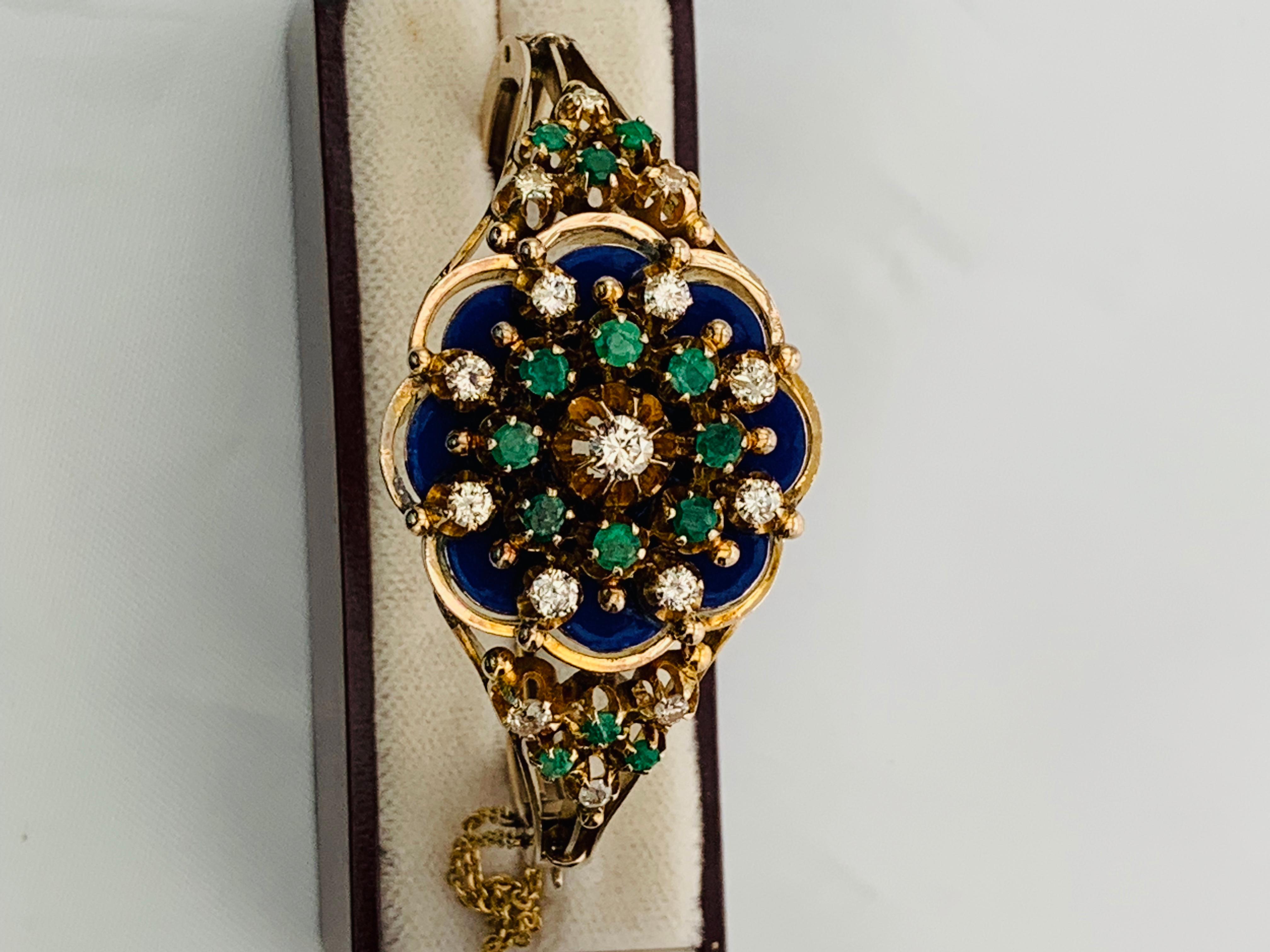 Vintage 10 Karat Yellow Gold, Enamel, Diamond and Emerald Bangle Bracelet 11