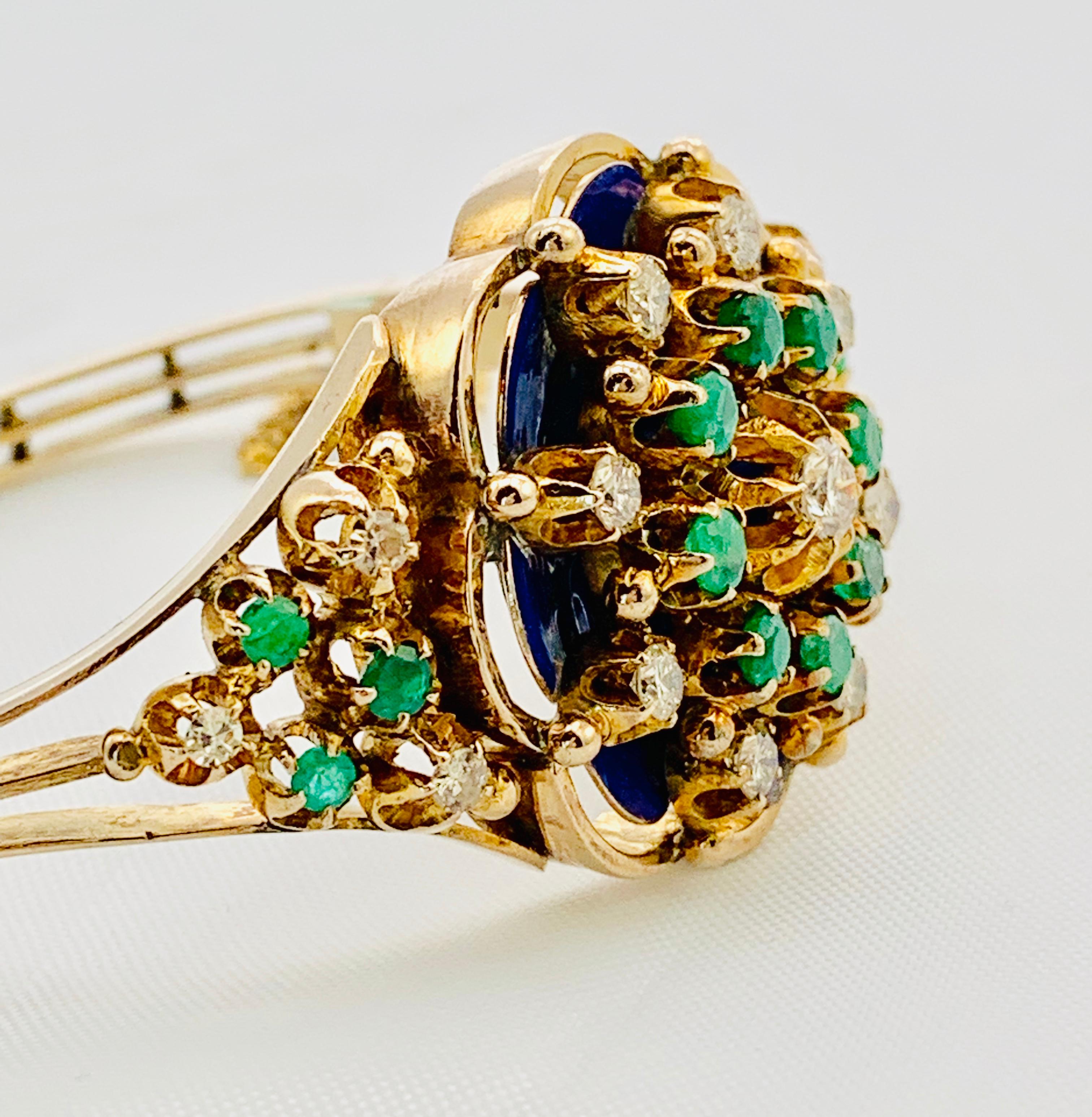 Art Deco Vintage 10 Karat Yellow Gold, Enamel, Diamond and Emerald Bangle Bracelet
