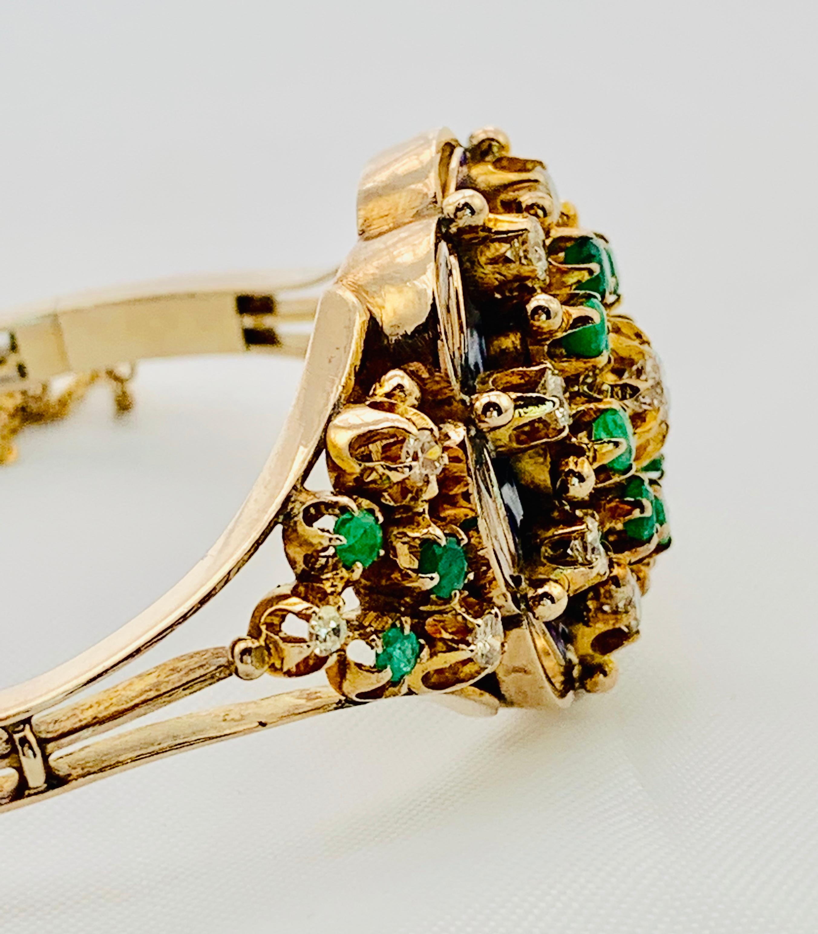 Round Cut Vintage 10 Karat Yellow Gold, Enamel, Diamond and Emerald Bangle Bracelet