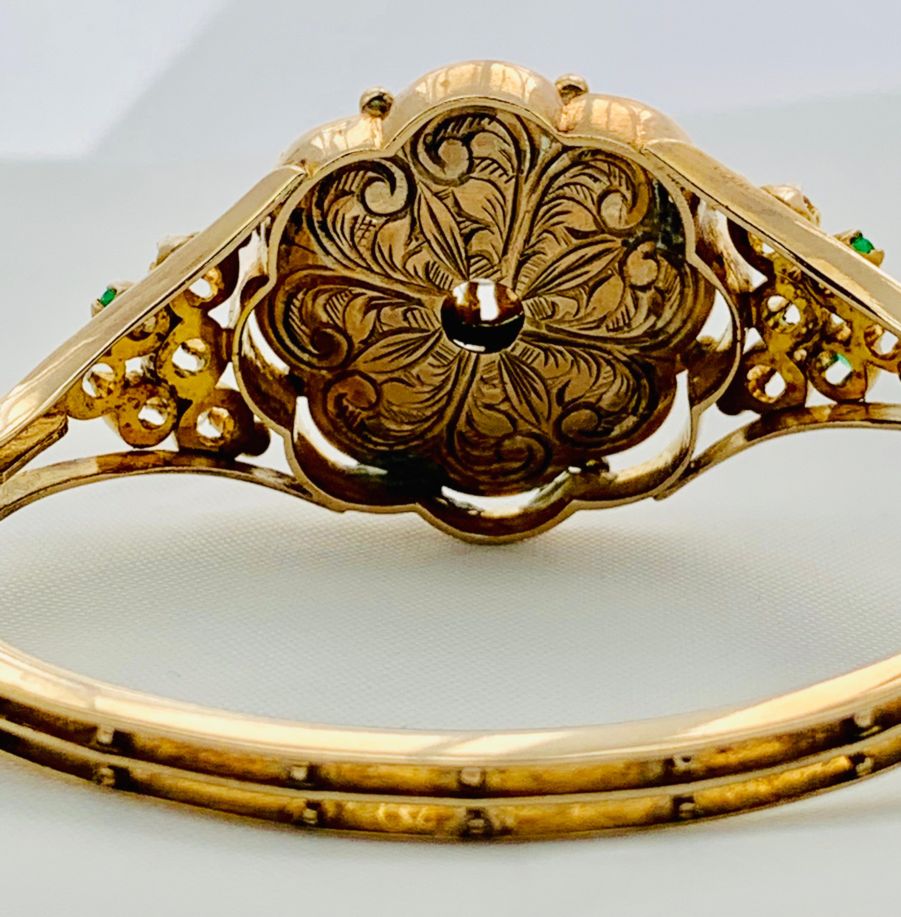Women's Vintage 10 Karat Yellow Gold, Enamel, Diamond and Emerald Bangle Bracelet