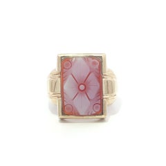 Vintage 10k Yellow Gold Flower Floral Carved Shell Cameo Rectangular Men's Ring