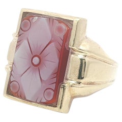 Vintage 10k Yellow Gold Flower Floral Carved Shell Cameo Rectangular Men's Ring