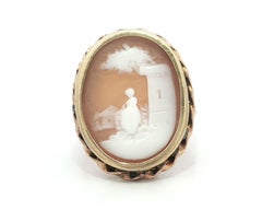 Vintage 10k Yellow Gold Hand Carved Cameo Portrait w/ Twisted Wire Frame Ring