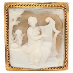 Vintage 10k Yellow Gold Harpist and Cherub Cameo Brooch